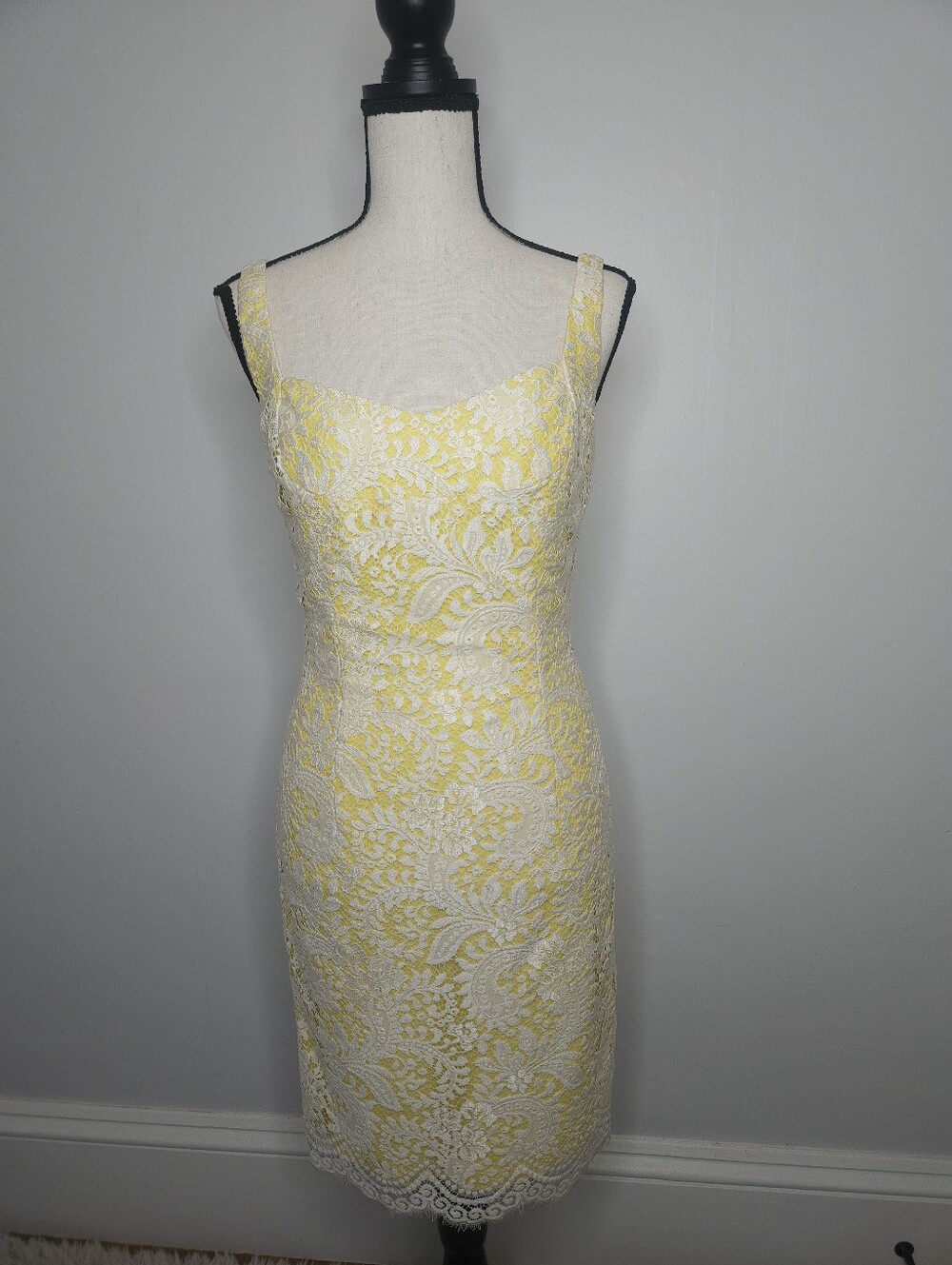 Badgley Mischka Yellow and White Lace Sheath Dress